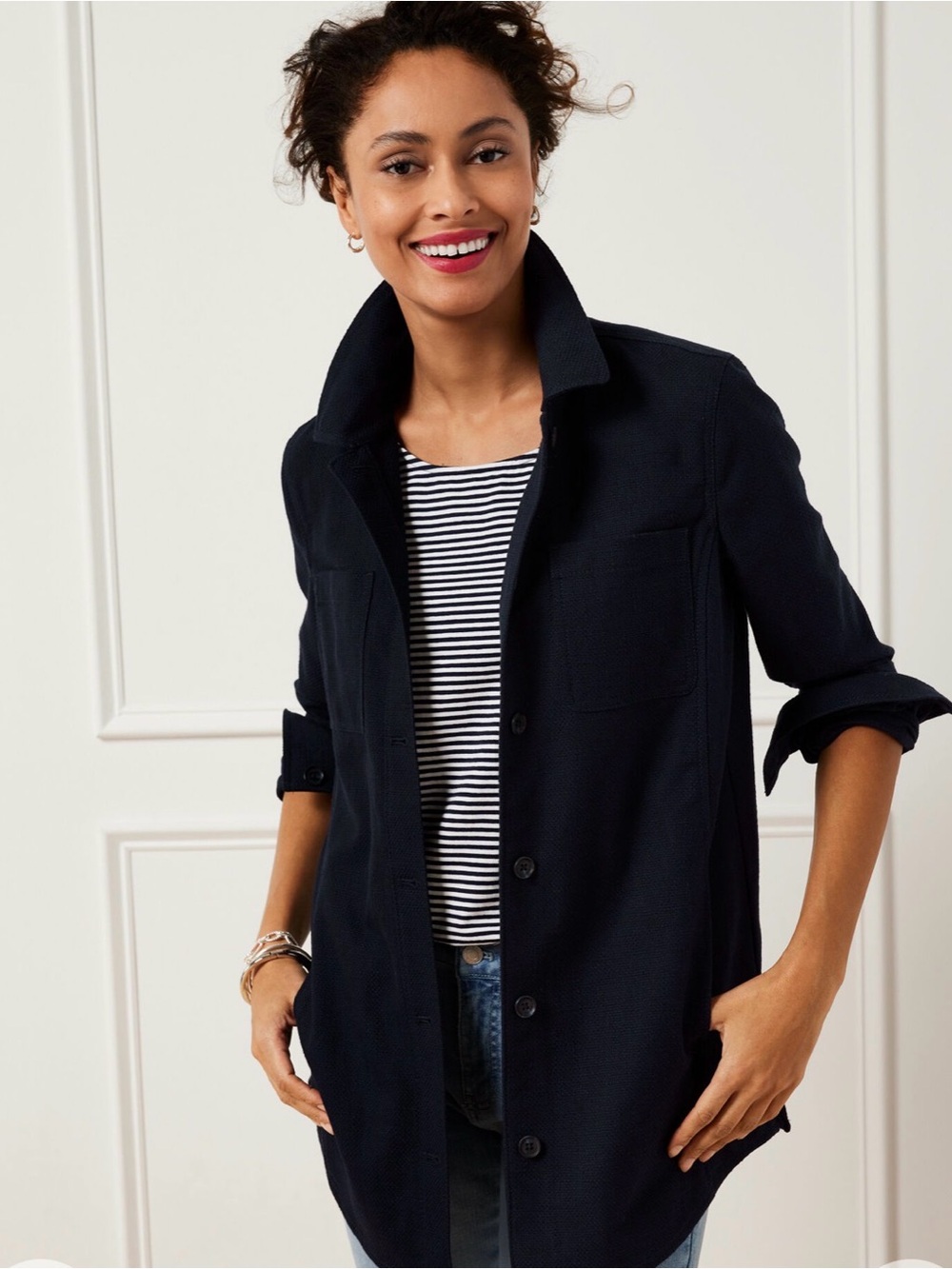 Talbots Textured Shirt Jacket L Shacket Navy Blue